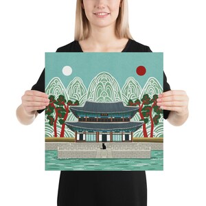 Korean Palace Art Print, Traditional Irworobongdo Style Illustration, Gyeongbokgung Poster, Modern Folk Art, Hand Drawn Wall Decor, Unframed, Free Shipping
