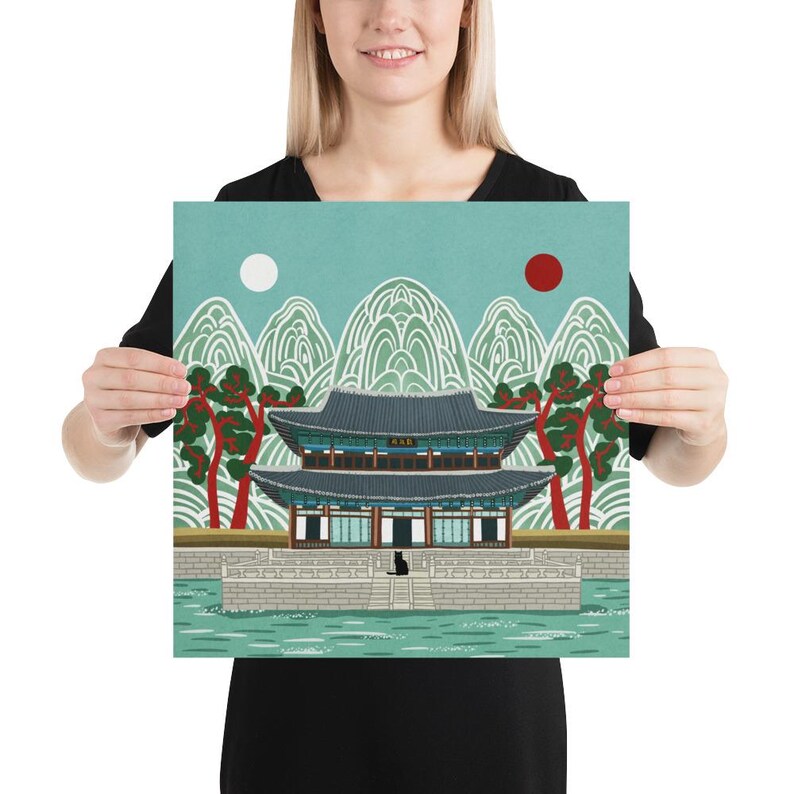 Korean Palace Art Print, Traditional Irworobongdo Style Illustration, Gyeongbokgung Poster, Modern Folk Art, Hand Drawn Wall Decor, Unframed, Free Shipping