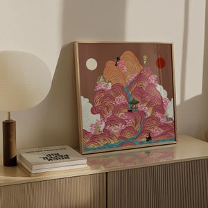Irworobongdo Cat Art Print, Korean Traditional Sun and Moon Wall Art, Hand-drawn Heritage Landscape, Pink Mountain Poster, Free Shipping