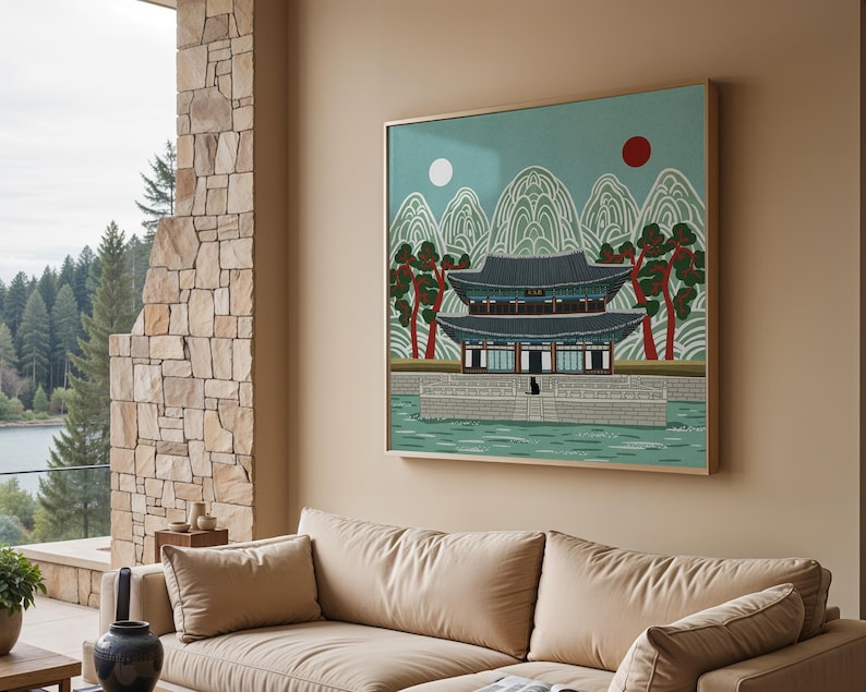 Korean Palace Art Print, Traditional Irworobongdo Style Illustration, Gyeongbokgung Poster, Modern Folk Art, Hand Drawn Wall Decor, Unframed, Free Shipping