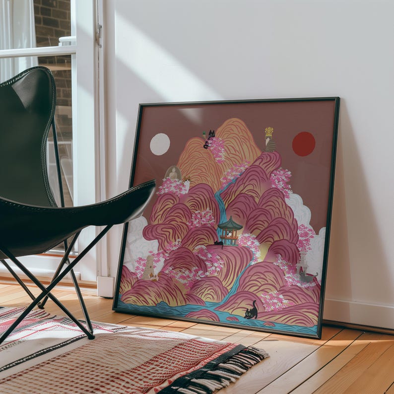 Irworobongdo Cat Art Print, Korean Traditional Sun and Moon Wall Art, Hand-drawn Heritage Landscape, Pink Mountain Poster, Free Shipping