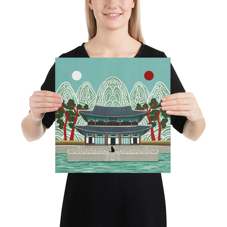 Korean Palace Art Print, Traditional Irworobongdo Style Illustration, Gyeongbokgung Poster, Modern Folk Art, Hand Drawn Wall Decor, Unframed, Free Shipping