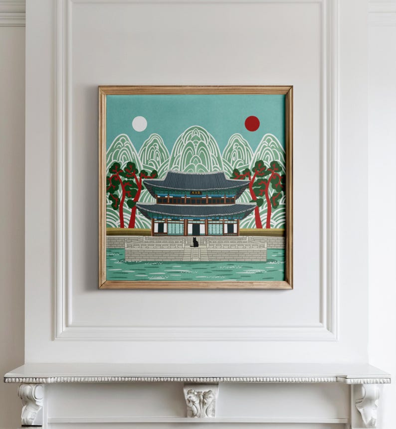 Korean Palace Art Print, Traditional Irworobongdo Style Illustration, Gyeongbokgung Poster, Modern Folk Art, Hand Drawn Wall Decor, Unframed, Free Shipping