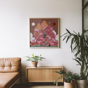 Irworobongdo Cat Art Print, Korean Traditional Sun and Moon Wall Art, Hand-drawn Heritage Landscape, Pink Mountain Poster, Free Shipping