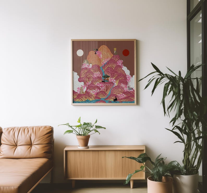 Irworobongdo Cat Art Print, Korean Traditional Sun and Moon Wall Art, Hand-drawn Heritage Landscape, Pink Mountain Poster, Free Shipping