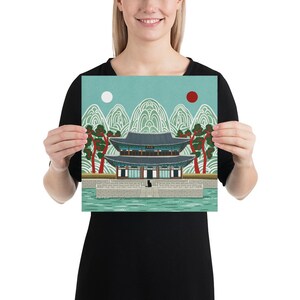 Korean Palace Art Print, Traditional Irworobongdo Style Illustration, Gyeongbokgung Poster, Modern Folk Art, Hand Drawn Wall Decor, Unframed, Free Shipping