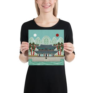 Korean Palace Art Print, Traditional Irworobongdo Style Illustration, Gyeongbokgung Poster, Modern Folk Art, Hand Drawn Wall Decor, Unframed, Free Shipping