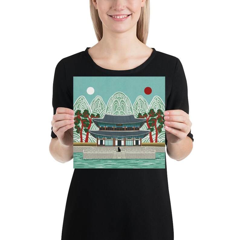 Korean Palace Art Print, Traditional Irworobongdo Style Illustration, Gyeongbokgung Poster, Modern Folk Art, Hand Drawn Wall Decor, Unframed, Free Shipping