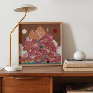 Irworobongdo Cat Art Print, Korean Traditional Sun and Moon Wall Art, Hand-drawn Heritage Landscape, Pink Mountain Poster, Free Shipping
