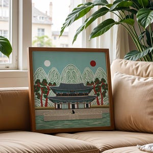 Korean Palace Art Print, Traditional Irworobongdo Style Illustration, Gyeongbokgung Poster, Modern Folk Art, Hand Drawn Wall Decor, Unframed, Free Shipping