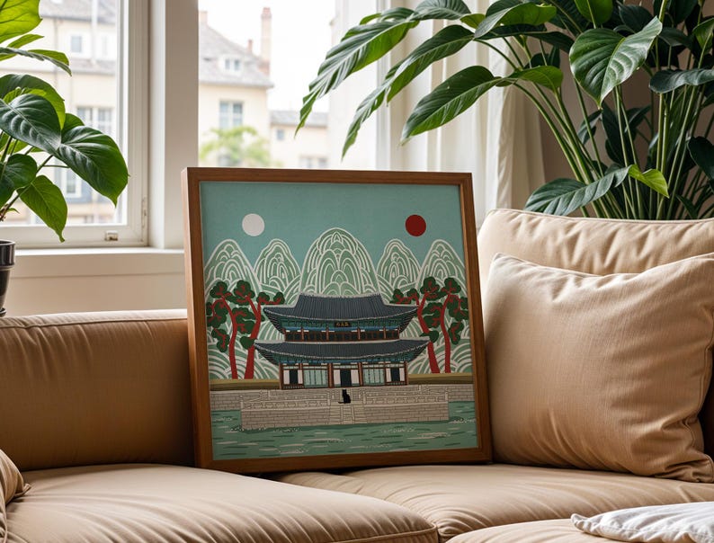 Korean Palace Art Print, Traditional Irworobongdo Style Illustration, Gyeongbokgung Poster, Modern Folk Art, Hand Drawn Wall Decor, Unframed, Free Shipping