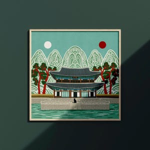 Korean Palace Art Print, Traditional Irworobongdo Style Illustration, Gyeongbokgung Poster, Modern Folk Art, Hand Drawn Wall Decor, Unframed, Free Shipping