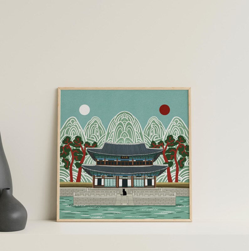 Korean Palace Art Print, Traditional Irworobongdo Style Illustration, Gyeongbokgung Poster, Modern Folk Art, Hand Drawn Wall Decor, Unframed, Free Shipping