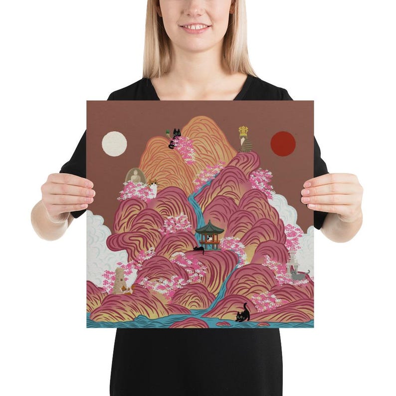 Irworobongdo Cat Art Print, Korean Traditional Sun and Moon Wall Art, Hand-drawn Heritage Landscape, Pink Mountain Poster, Free Shipping