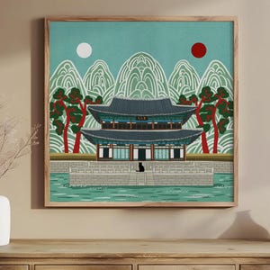 Korean Palace Art Print, Traditional Irworobongdo Style Illustration, Gyeongbokgung Poster, Modern Folk Art, Hand Drawn Wall Decor, Unframed, Free Shipping