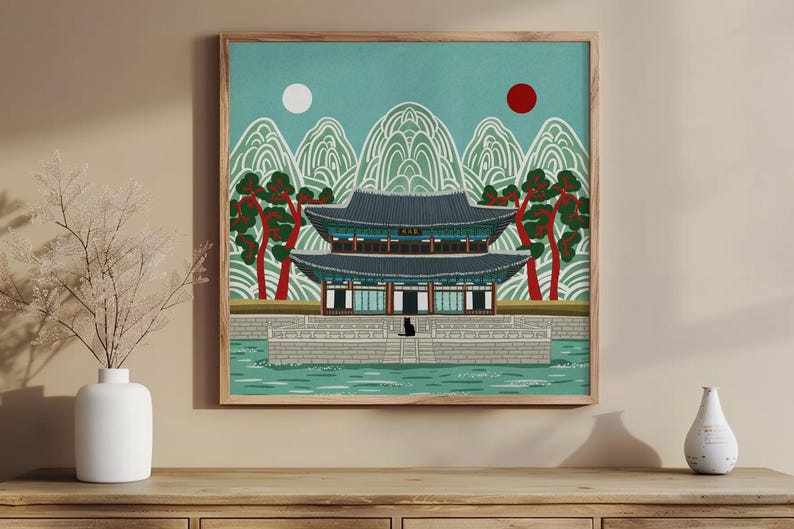 Korean Palace Art Print, Traditional Irworobongdo Style Illustration, Gyeongbokgung Poster, Modern Folk Art, Hand Drawn Wall Decor, Unframed, Free Shipping
