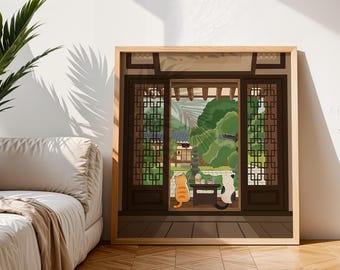 Stampa artistica del gatto Hanok: illustrazione di una casa coreana, accogliente decorazione murale.