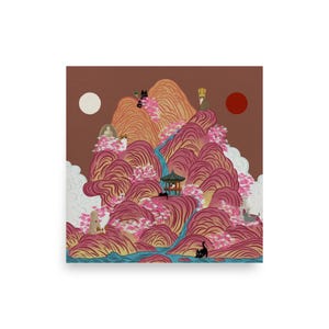 Irworobongdo Cat Art Print, Korean Traditional Sun and Moon Wall Art, Hand-drawn Heritage Landscape, Pink Mountain Poster, Free Shipping