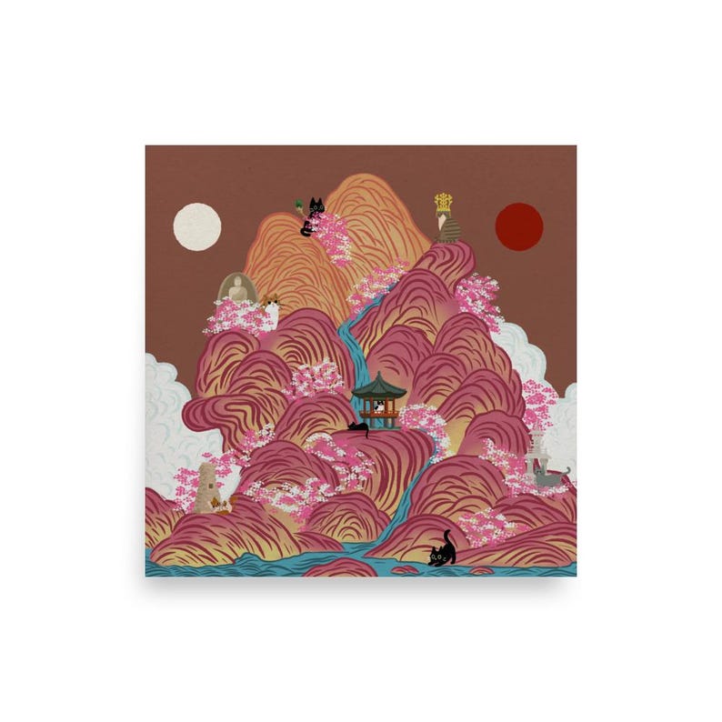 Irworobongdo Cat Art Print, Korean Traditional Sun and Moon Wall Art, Hand-drawn Heritage Landscape, Pink Mountain Poster, Free Shipping