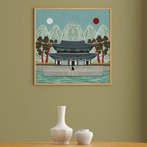 Korean Palace Art Print, Traditional Irworobongdo Style Illustration, Gyeongbokgung Poster, Modern Folk Art, Hand Drawn Wall Decor, Unframed, Free Shipping