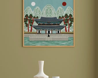 Stampa artistica del palazzo coreano, illustrazione tradizionale in stile Irworobongdo, poster di Gyeongbokgung, arte popolare moderna, Kpop DemonHunters, arte disegnata a mano