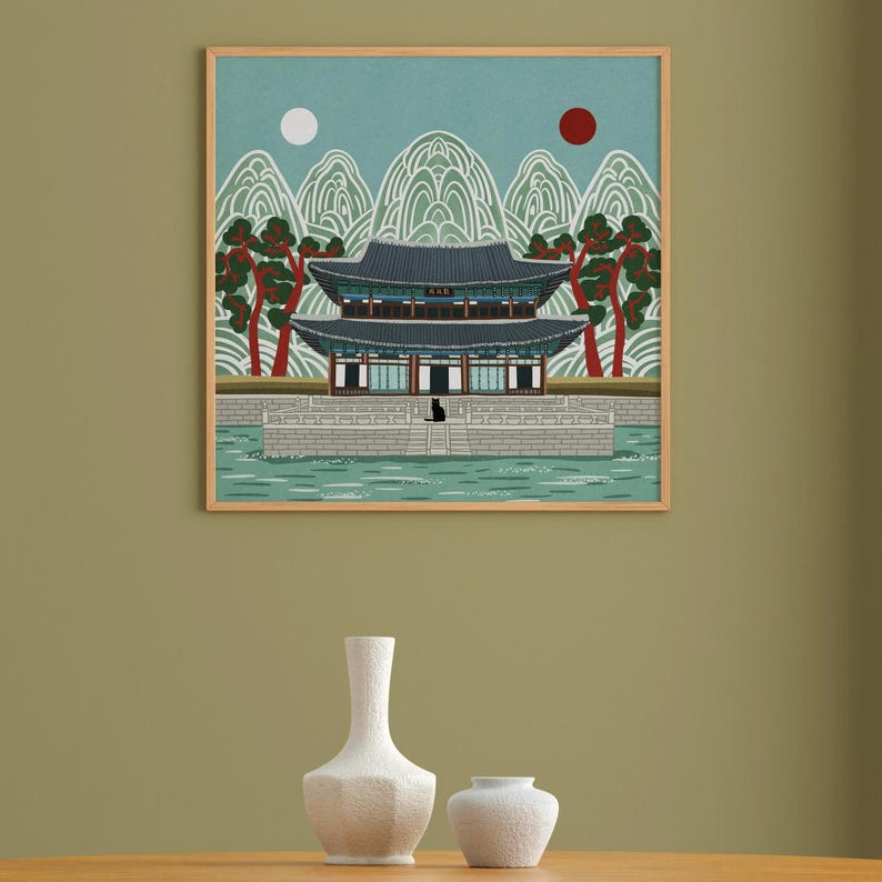 Korean Palace Art Print, Traditional Irworobongdo Style Illustration, Gyeongbokgung Poster, Modern Folk Art, Hand Drawn Wall Decor, Unframed, Free Shipping