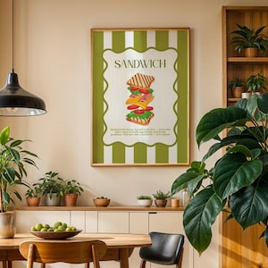 Sandwich Wall Art Print – Retro Kitchen Poster with Stacked Sandwich Illustration, Cafe or Deli Decor Food Art Retro Food Drink Art Series