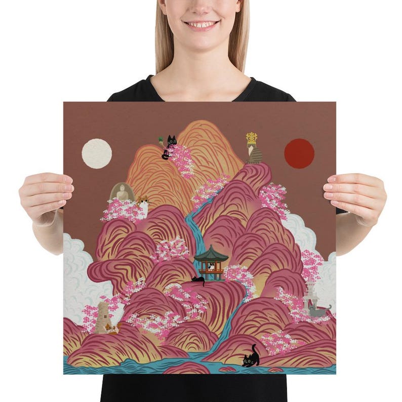 Irworobongdo Cat Art Print, Korean Traditional Sun and Moon Wall Art, Hand-drawn Heritage Landscape, Pink Mountain Poster, Free Shipping