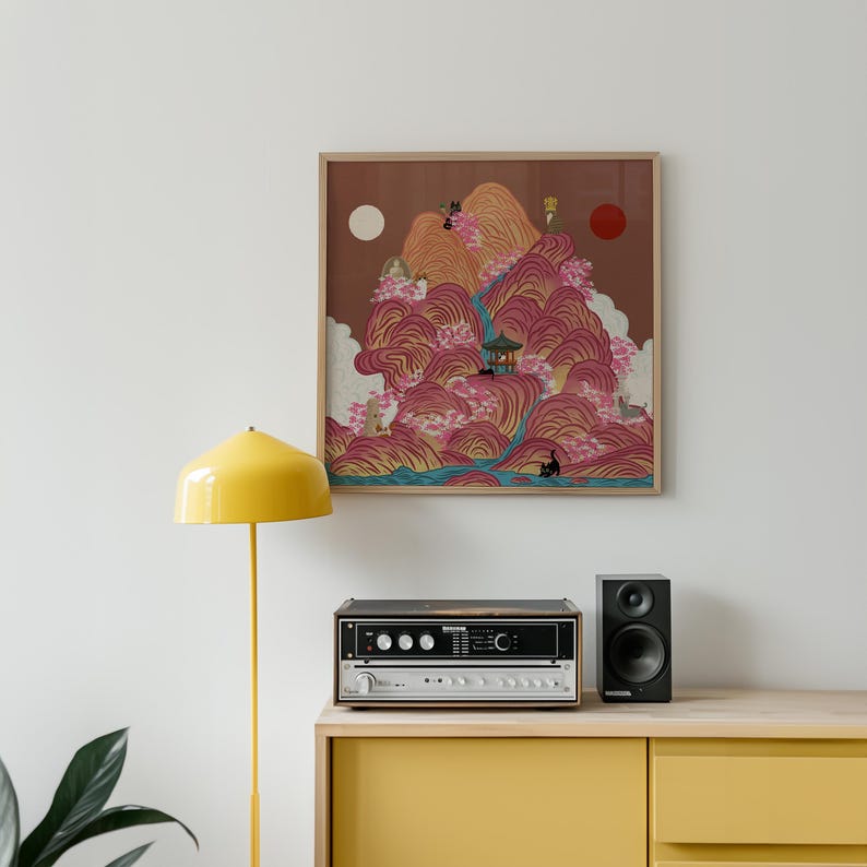 Irworobongdo Cat Art Print, Korean Traditional Sun and Moon Wall Art, Hand-drawn Heritage Landscape, Pink Mountain Poster, Free Shipping