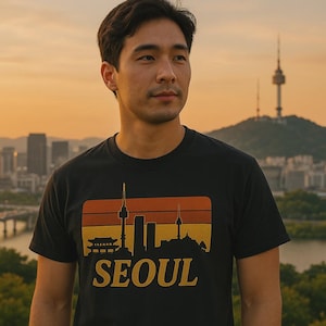 Retro seoul T-Shirt - Vintage Südkorea Skyline Grafik T-Shirt | Namsan Turm, Paläste, Han Fluss | Unisex K-Culture Reisegeschenk
