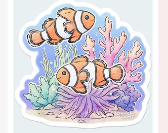 Clown Fish & Coral Reef Sticker - Waterproof Vinyl Sea Life Decal - Scrapbooks and Crafts