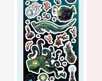 Deep Sea Creature Stickers - Novelty Underwater Ocean Sticker Sheet - Angler Fish, Hammerhead Shark, & Jellyfish