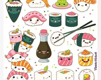 Happy Sushi Stickers - Half-Size Cute Sashimi Food Sticker Sheet - Crafts, Stationery, Journals, & Planners