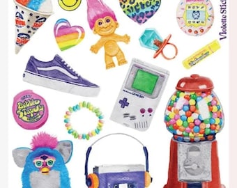 90s Nostalgia Stickers - Half-Size Retro & Vintage Pop Culture Sticker Sheet - Walkman, Furby, and Gameboy