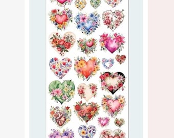 Floral Heart Stickers - Romantic Hearts & Flowers Sticker Sheet - Crafts, Scrapbooking, Planners, and Journals