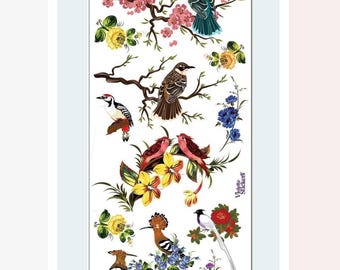 Bird Stickers - Oriental Bird & Flower Sticker Sheet - Scrapbooks, Crafts, Stationery, and Journals