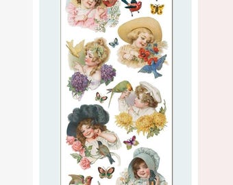 Vintage Spring Children Stickers - Nature and Floral Sticker Sheet - Journals, Scrapbooking, Stationery, Crafts, Gifts, and Planners