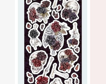 Spooky Blossom Floral Stickers - Skeletons and Flowers Sticker Sheet - Gothic