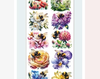 Colorful Bee Stickers - Bumblebees & Spring Flowers Sticker Sheet - Save the Bees - Bee Lovers Gift - Botanical Crafts and Scrapbooking