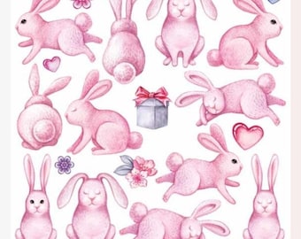 Rabbit Stickers - Half-Size Pink Bunny Sticker Sheet - Scrapbooks, Crafts, Party Favors, Stationery, and Journals