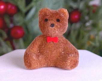 Miniature Flocked Brown Bear Figurines with Red Bows - Crafts, Displays, & Dioramas