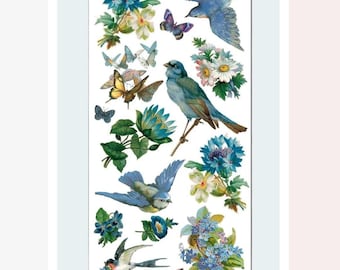 Floral Bird Stickers - Bluebirds & Blue Flowers Sticker Sheet - Crafts, Scrapbooking, and Journals