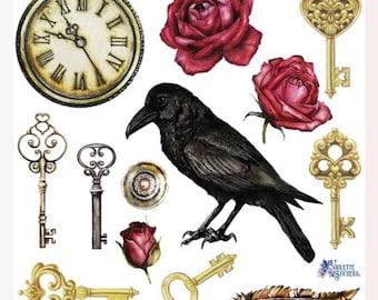 Raven Red Rose Stickers - Half-Size Gothic Sticker Sheet - Stationary, Scrapbooks, Journals, & Crafts