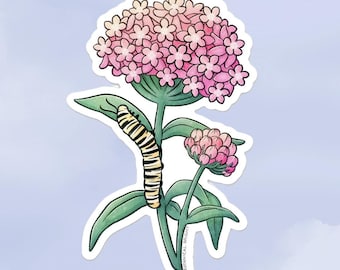 Milkweed Flower and Monarch Caterpillar Sticker - Waterproof Vinyl Decal - Crafts
