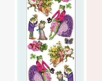 Vintage Frog Stickers - Victorian Frogs & Hearts Sticker Sheet - Crafts, Scrapbooks, Gifts, Diaries, and Journals