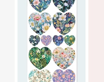 Flower Heart Stickers - Romantic Floral Meadow Hearts Sticker Sheet - Scrapbooks, Gifts, Stationery, Planners, Journals, and Crafts