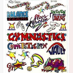 May include: A colorful illustration featuring gymnastics-themed words and images. The design includes the words "Balance," "Floor Exercise," "Uneven Bars," "Gymnastics," "Competition," and "Vault." There are also images of stars, shoes, and a gym bag.
