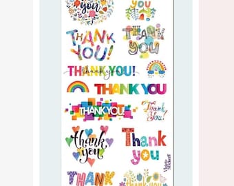 Thank You Stickers - Colorful Rainbow Sticker Sheet - Envelope Seals, Crafts, Cards, & Stationery