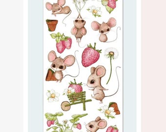 Strawberry Mice Stickers - Vintage Retro Sticker Sheet - Scrapbooks, Stationery, and Crafts