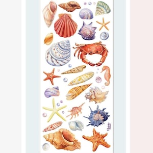 May include: A sheet of watercolor stickers featuring various seashells, starfish, a crab, and a seahorse. The stickers showcase a range of colors, including orange, brown, blue, and white. The stickers are arranged on a white background.